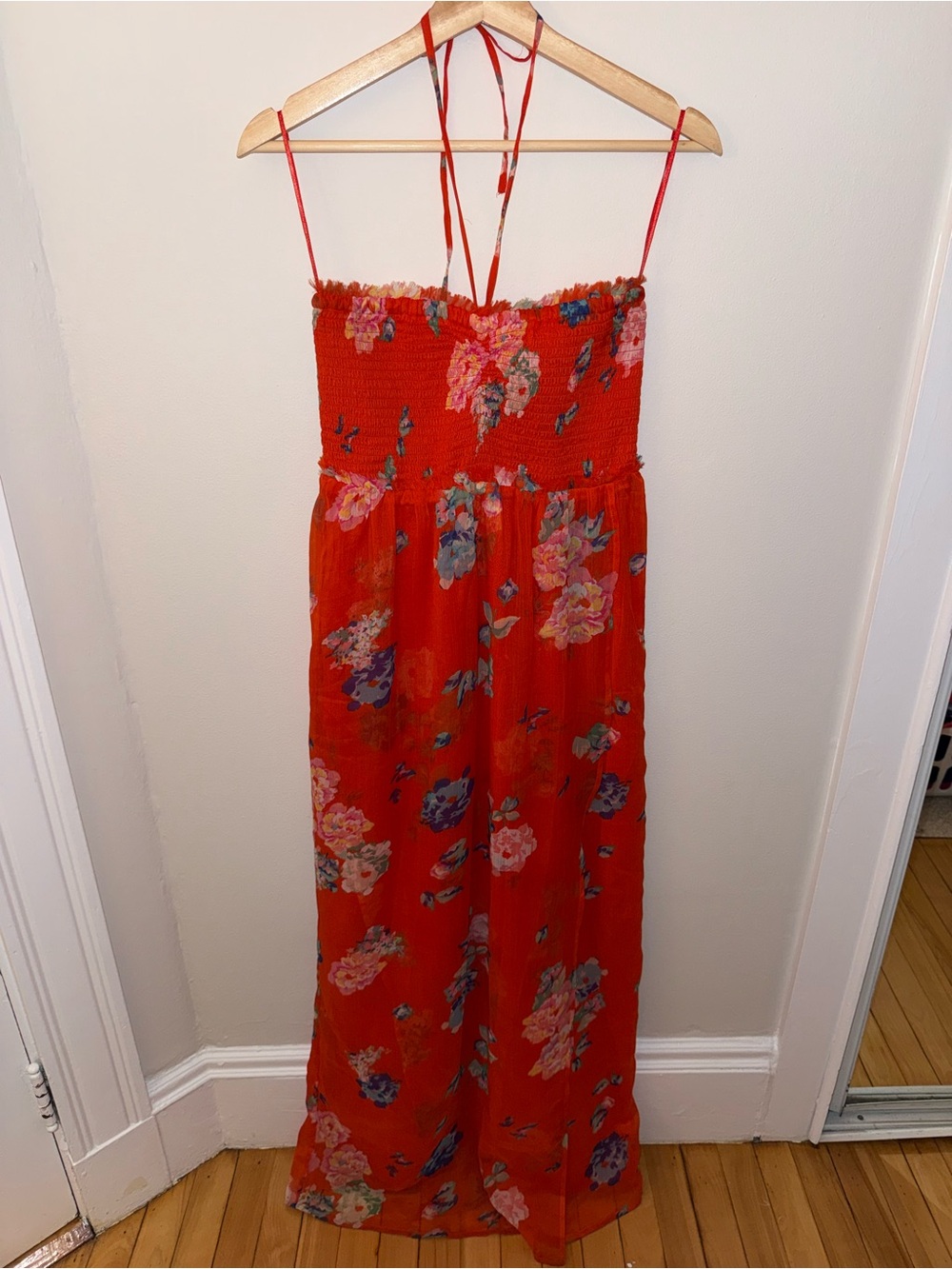 American Eagle Outfitters Red Floral Smocked Halter Maxi Dress